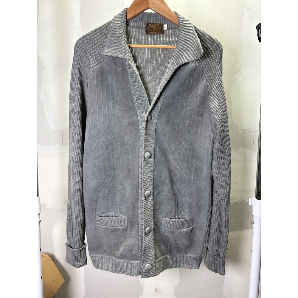 Tundra‎ Vintage Gray Suede Leather Knit Button Front Cardigan Sweater XL